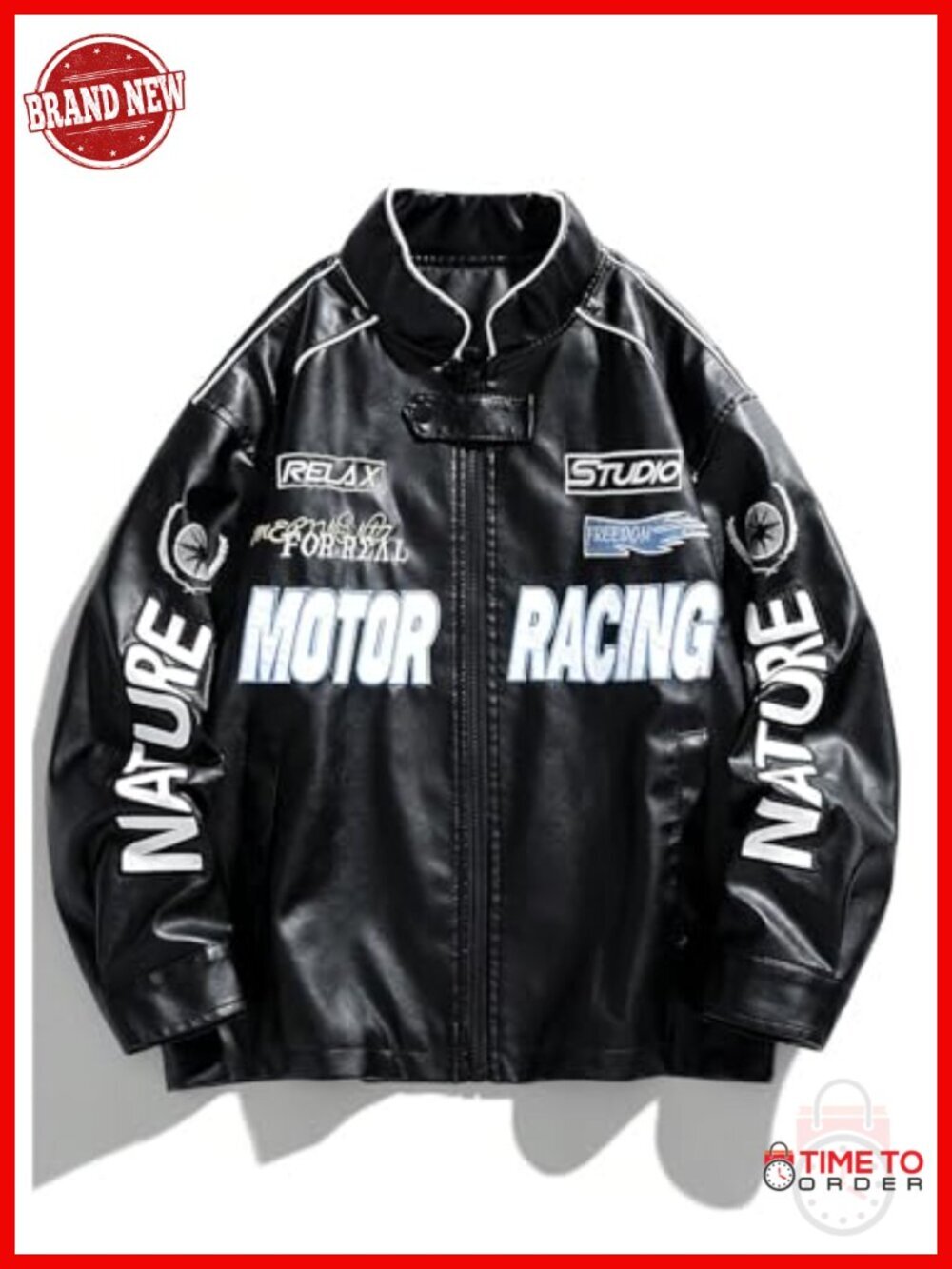 Faux Leather Motorcycle Jacket Y2k Racing Graphic Bomber Coat Streetwear - Picture 2 of 5